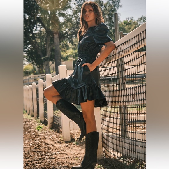 Faux Leather Puff Short Sleeve Smocking Dress - Picture 3 of 5